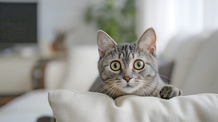 cute gray tabby domestic cat looking at camera on white sofa in living room