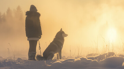 As the sun rises, a woman and her loyal dog stand in a field, their silhouettes cast against the warm, glowing morning light..
