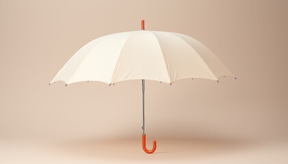 Open umbrella closeup isolated on white beige background. Front view of umbrella mockup in classic design. Rain protection. Rainy weather. Copy space. Blank template parasol. Banner