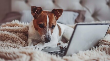 cute jack russell dog working on laptop at home