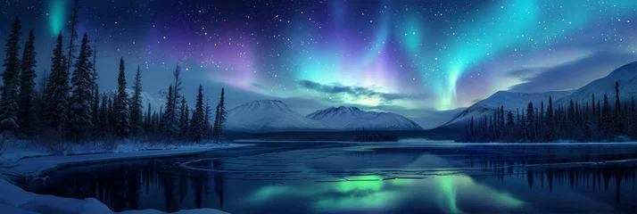 Fotobehang Beautiful aurora northern lights in night sky with lake snow forest in winter. © rabbit75_fot