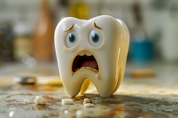 Adorable 3D model of a chipped molar tooth making a pained expression, 