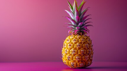 Ripe pineapple standing on a vivid magenta background, highlighting its tropical and refreshing...
