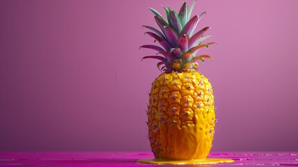 Vibrant yellow pineapple with a glossy drip on a striking magenta background, creating a modern,...