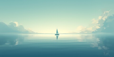 A minimalist sailboat floating on calm waters, with the sky in soft blue and grey hues, creating an atmosphere of serenity and solitude. 