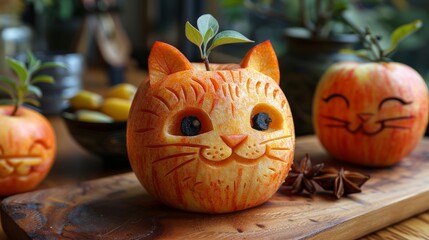 A charming hand-carved bread in the shape of a cat's face, complete with a small leaf garnish, presented on a wooden cutting board.
