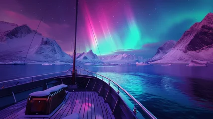 Poster View from a boat rest in sea water with snow mountain and beautiful aurora northern lights in night sky in winter. © rabbit75_fot