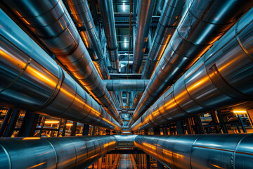 amazingly Stainless steel pipes in industrial plants are installed in neat, orderly lines within...