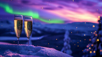 champagne wine glasses in snow field with beautiful aurora northern lights in night sky in winter.