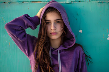 Young woman in a purple hoodie against the background of a turquoise shabby wall