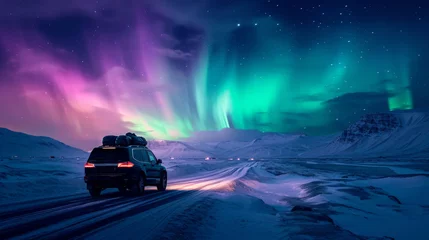 Selbstklebende Fototapeten Car in wild snow field with beautiful aurora northern lights in night sky with snow forest in winter. © rabbit75_fot