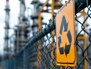 Fototapeta na wymiar Warning sign on a fence with an industrial plant in the background, symbolizing environmental or chemical hazards. Recycling Symbol on Industrial Fence, Environmental Conservation, Waste Management