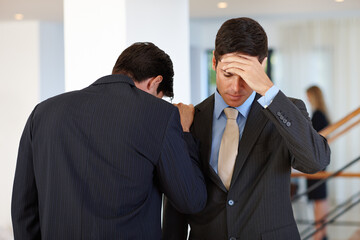 Business men, console and together for disappointment and stress for problem of occupation for corporate deal . Manager or consultant and sad with partner and headache for worried in career job