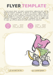 Vector editable flyer template for advertising baby products. Tender children's illustration with hand drawn icons