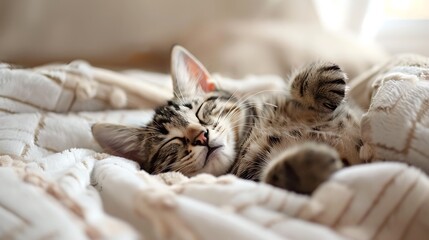 Cute young domestic cat sleeps relaxed and happy on soft cozy throw on bed