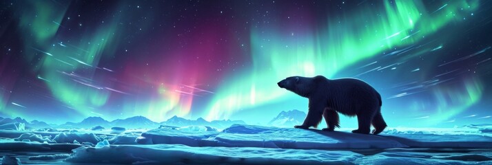 Polar bear in wild snow field with beautiful aurora northern lights in night sky with snow forest...