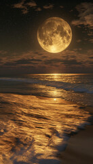Tranquil Full Moon Seascape with Starry Night Sky over Beach