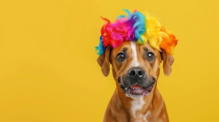 Dog in a bright wig on yellow background - obrazy, fototapety, plakaty