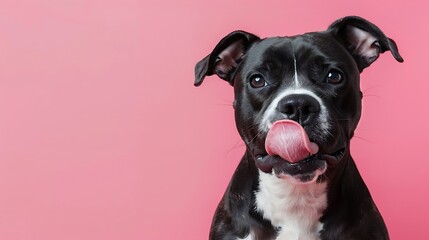 dog licks and looks at the camera on pink background - obrazy, fototapety, plakaty