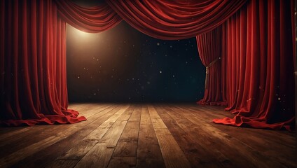 The red stage curtain and wooden floor realistic modern illustration. Covers for theaters, operas, concerts, and cinemas.