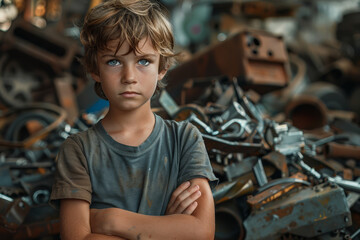 A confident young boy stands with crossed arms in a workshop, a backdrop of assorted mechanical parts highlighting his interest in mechanics.
