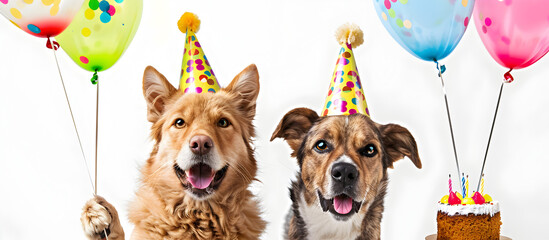 Dogs with party hats and balloons celebrate life on white background.