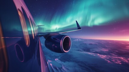 An airplane flying in sky with beautiful aurora northern lights in night sky in winter.