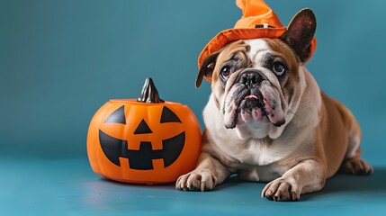 Dog pet celebrating halloween Isolated on blue dark background