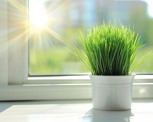 Potted green grass on a windowsill basks in the warm sunlight from the window