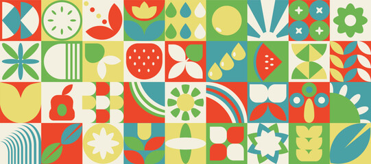 Geometric art deco bauhaus natural pattern. Abstract fruit leaf plant simple shape, minimal floral eco agriculture concept