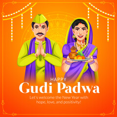 Vector illustration of traditional Indian festival celebration greeting card for the New Year's Day Ugadi (Gudi Padwa, Yugadi)