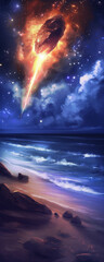 Fiery Meteor Descending on a Serene Ocean Beach at Twilight
