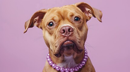 dog wearing a purple pearl necklace looking at the camera by a lilac background
