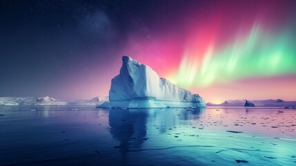 Iceberg and beautiful aurora northern lights in night sky in winter. - obrazy, fototapety, plakaty