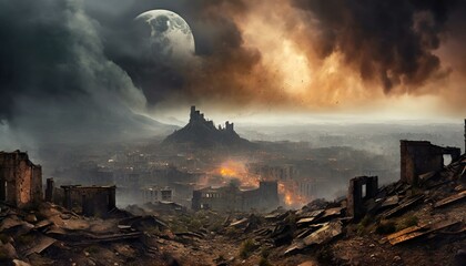 Paisaje apocaliptico civilizacion ruinas ciudad - obrazy, fototapety, plakaty