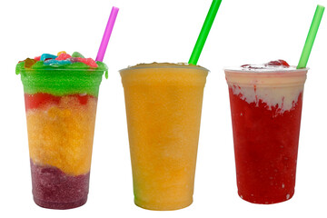 Panoramic still life of ice cream slush frozen colorful frozen fruit granita drinks flowing into takeaway plastic cups with ice cream straws flavor
