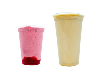Panoramic still life of ice cream slush frozen colorful frozen fruit granita drinks flowing into takeaway plastic cups with ice cream straws flavor