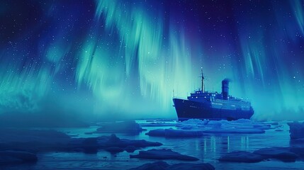 Icebreaker in the North Sea, among ice floes. Northern Lights-aurora borealis. Ship breaks through ice, creating safe passage for other vessels.