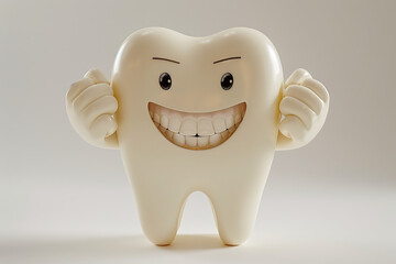 A whimsical cartoon tooth mascot showing off muscles, promoting dental health and strength with a cheerful smile..