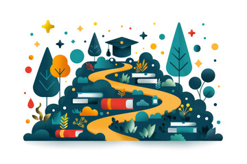 Abstract educational journey concept with books and nature elements. Graduation time in educational institutions.