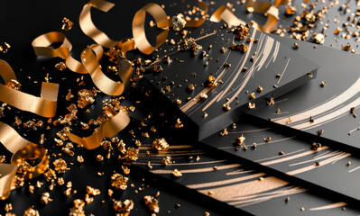 Black background with gold ribbons and gold glitter, festive and celebratory mood