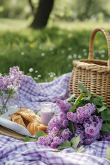 Breakfast picnic with spring blossom purple lilac in blooming garden. Delicious fresh bread, glass of milk on checkered tablecloth at sunny day outdoor. Concept of leisure, family weekend, spring mood