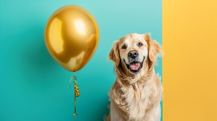 Dog With Golden Balloon on colored background