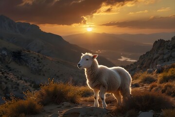A sheep is perched atop a field blanketed in grass surrounded by mountains. This picture can be used to show agricultural, rural landscapes, or sights from nature.
 - obrazy, fototapety, plakaty