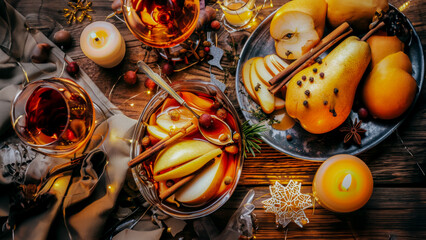 delicious yellow crystal juicy wine poached pears in spiced syrup, seasonal cooking dessert on wooden table - obrazy, fototapety, plakaty