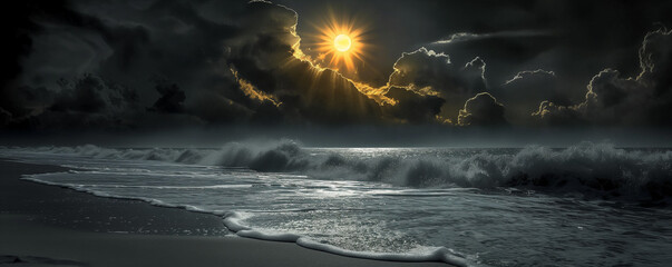 Dramatic Sunset Over Serene Ocean Waves with Cloudy Sky