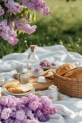 Picnic with spring blossom purple lilac in spring garden. Basket with fresh bread, snacks, sandwiches, lemonade on white tablecloth at sunny day outdoor. Concept of leisure, family weekend, traveling