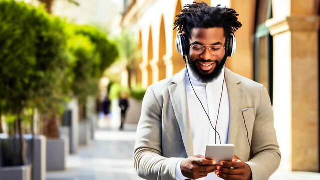 Young man with headphones outside in the city