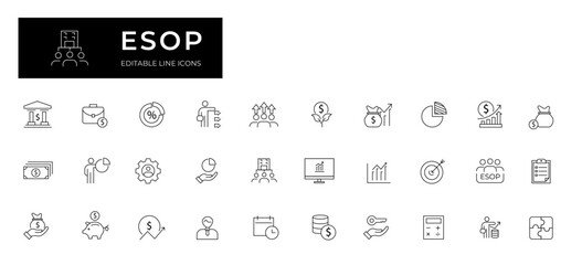 Employee Stock Ownership Plan Line Editable Icons set. Vector illustration in modern thin line style of business related icons: company, shares, benefits and pension savings. 