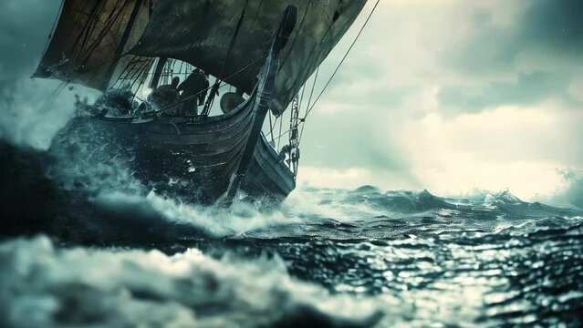 Viking longboat sailing on stormy seas